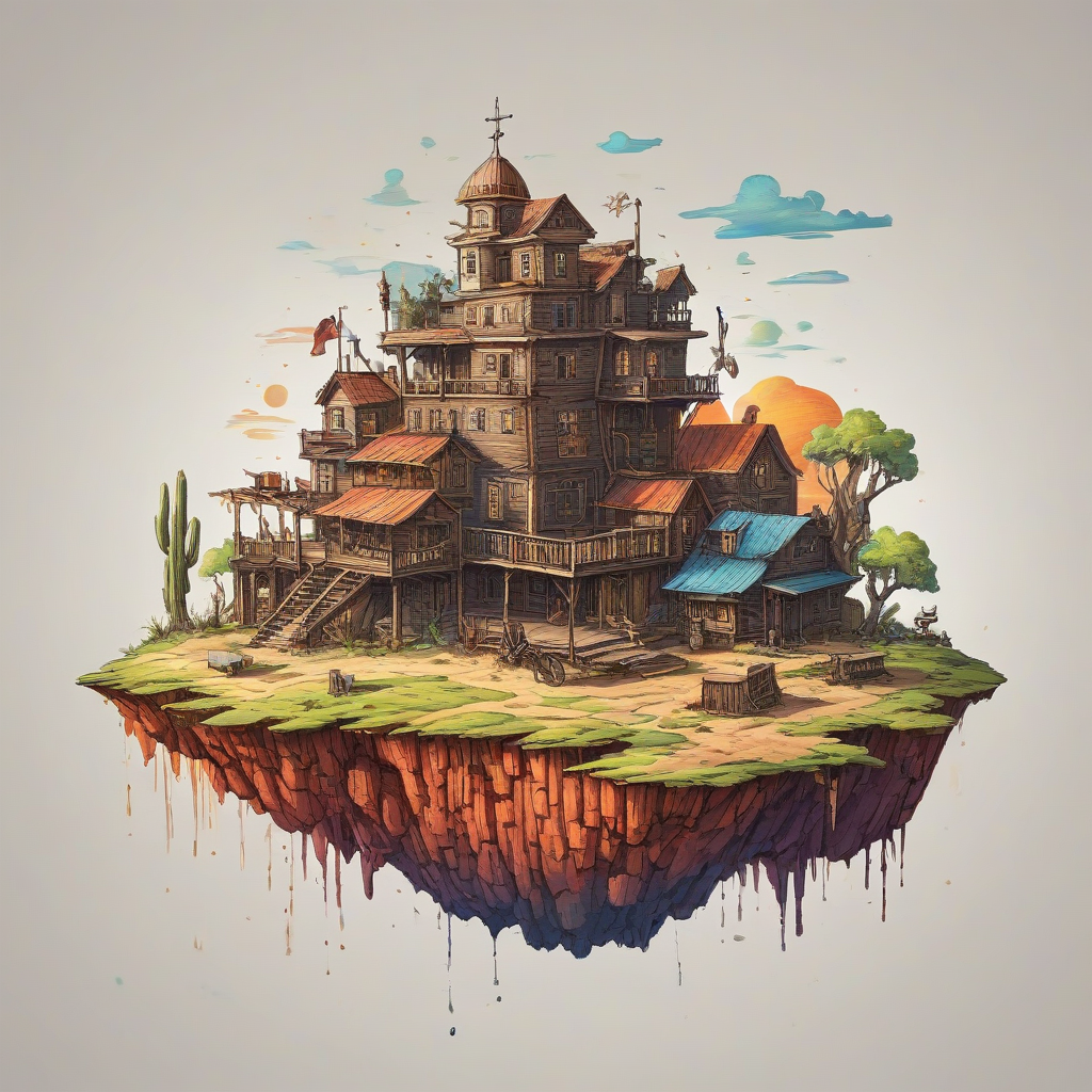 A majestic, isolated, floating island with a hand-drawn, cell shaded style illustration of an old, run down wild west town with bright and vivid colors, on a plain white background, even lighting