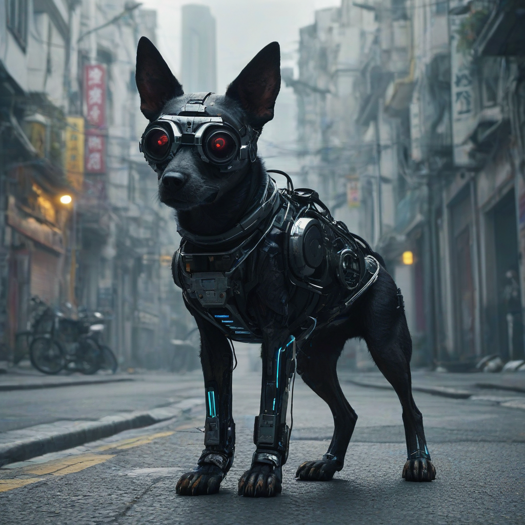 A cyberpunk dog in a street