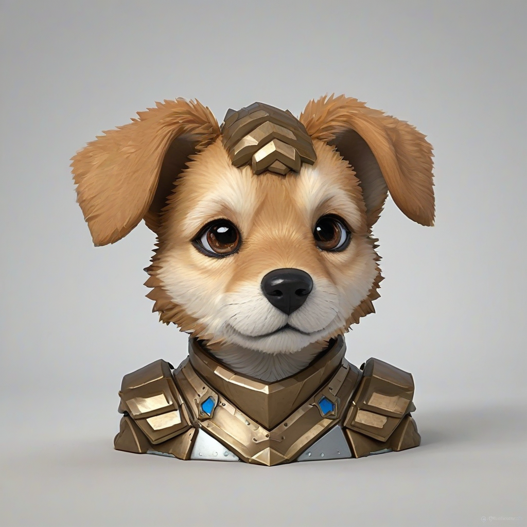 Polygon style puppy warrior bust, floppy ears, light brown fur, happy expression, shiny armor, bright and even lighting, on a plain white background