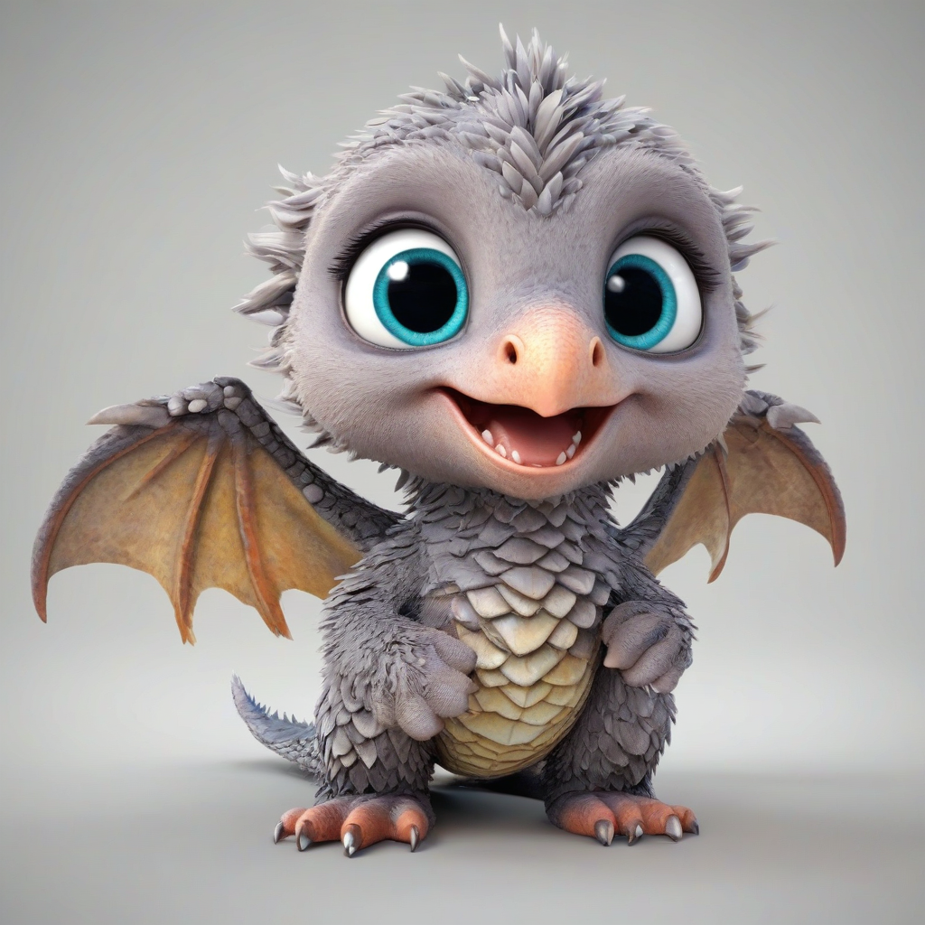 3d cartoon animation, one animal that has a mix of a baby dragon and a baby eagle, bright and vivid colors, large eyes, short body, round features, tiny nose, tiny feet, cute, happy expression on its face, only one in the shot, full body visible, on a plain white background, even lighting