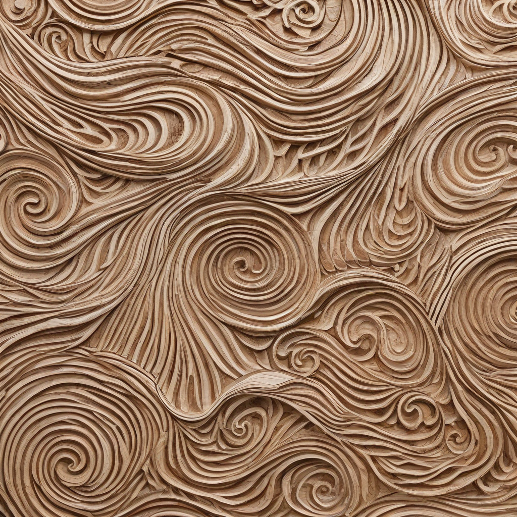 2" thick, 8' by 4' rectangular wooden wall panel with intricate wave-like carvings, natural grain, and warm brown tones, on a plain white background, on a plain white background, even lighting