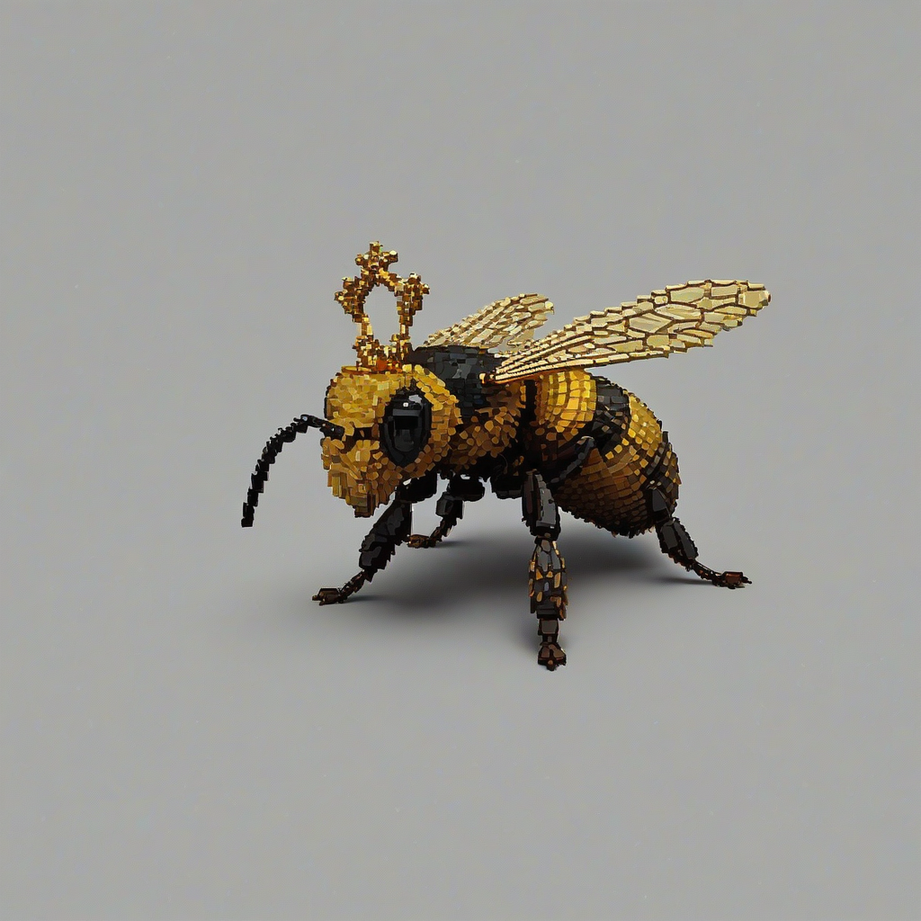 Pixel art of a bee standing on the ground wearing a golden crown, on a plain white background, even lighting