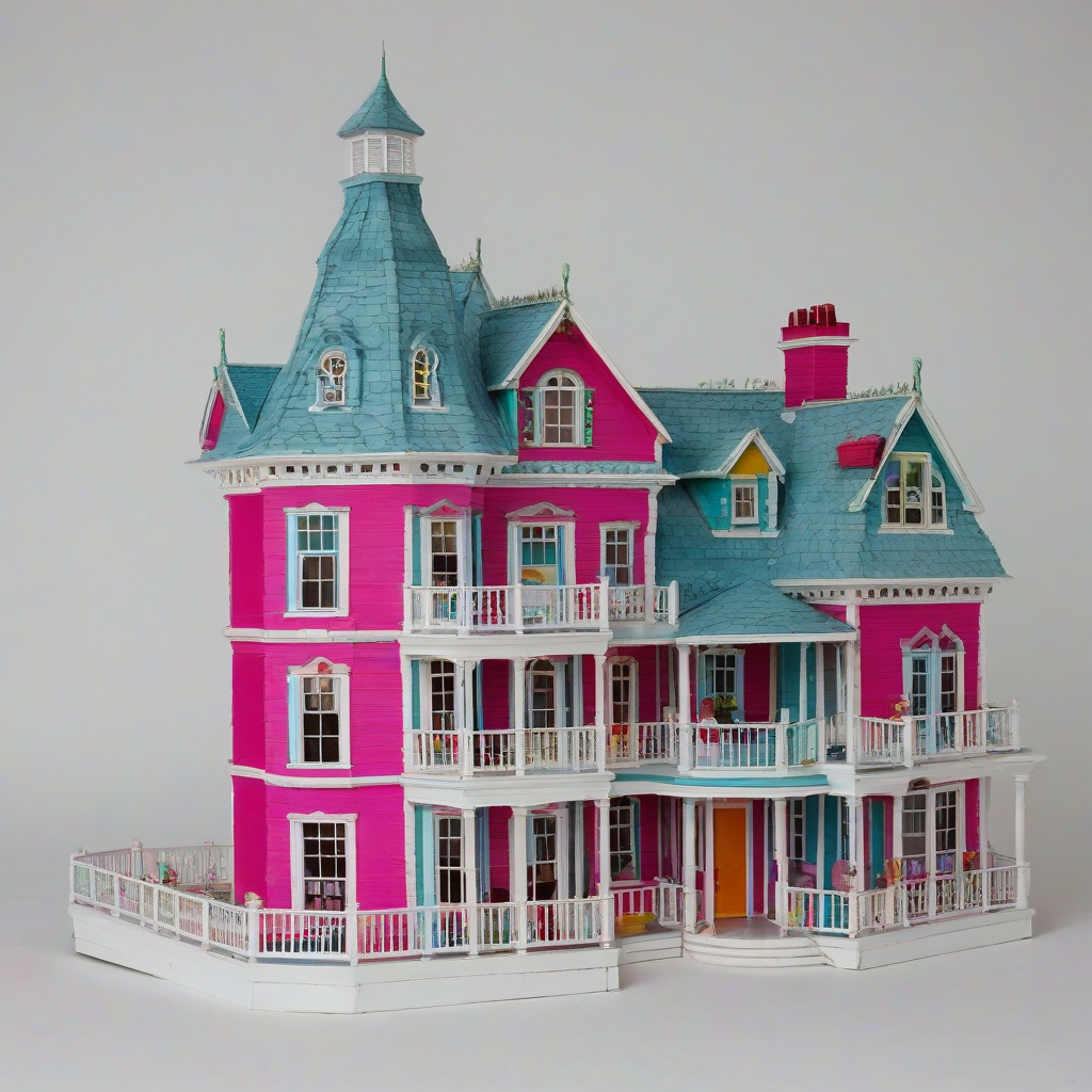 exterior of a doll house, bright, vivid colors, wide angle shot, full house visible, only the house in the image, on a plain white background, even lighting