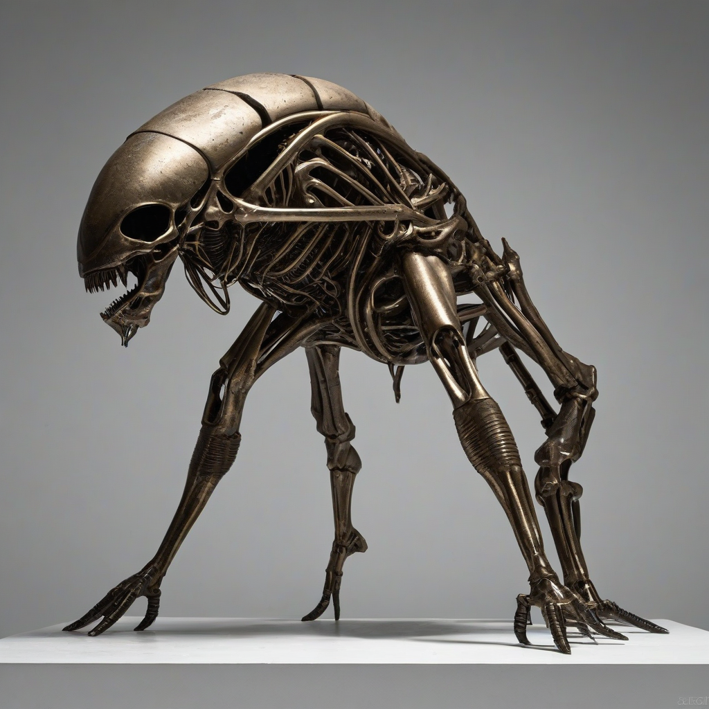 A large, alien parasite with a bronze exoskeleton, showcasing brutalism architectural elements, with a full-body view, on a plain white background, with dramatic lighting and dynamic shadows, in a wide-angle shot, with a focus on texture and detail, on a plain white background, even lighting 