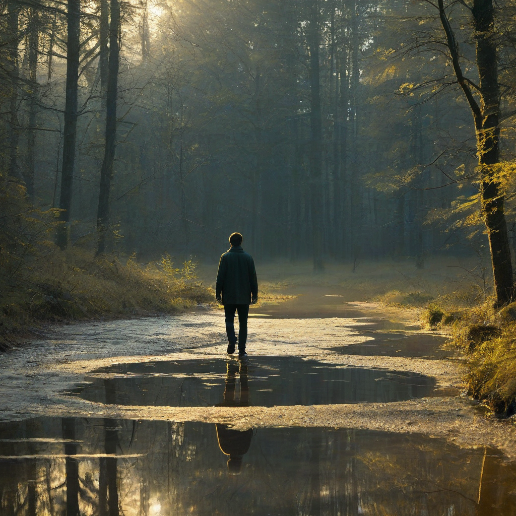 A man walking towards a mystical forest, on the ground behind him is a large puddle, his reflection is visible in the puddle, the reflection is glowing with a soft, ethereal yellow light while the man looks ordinary, with a hint of a mystical aura surrounding him
