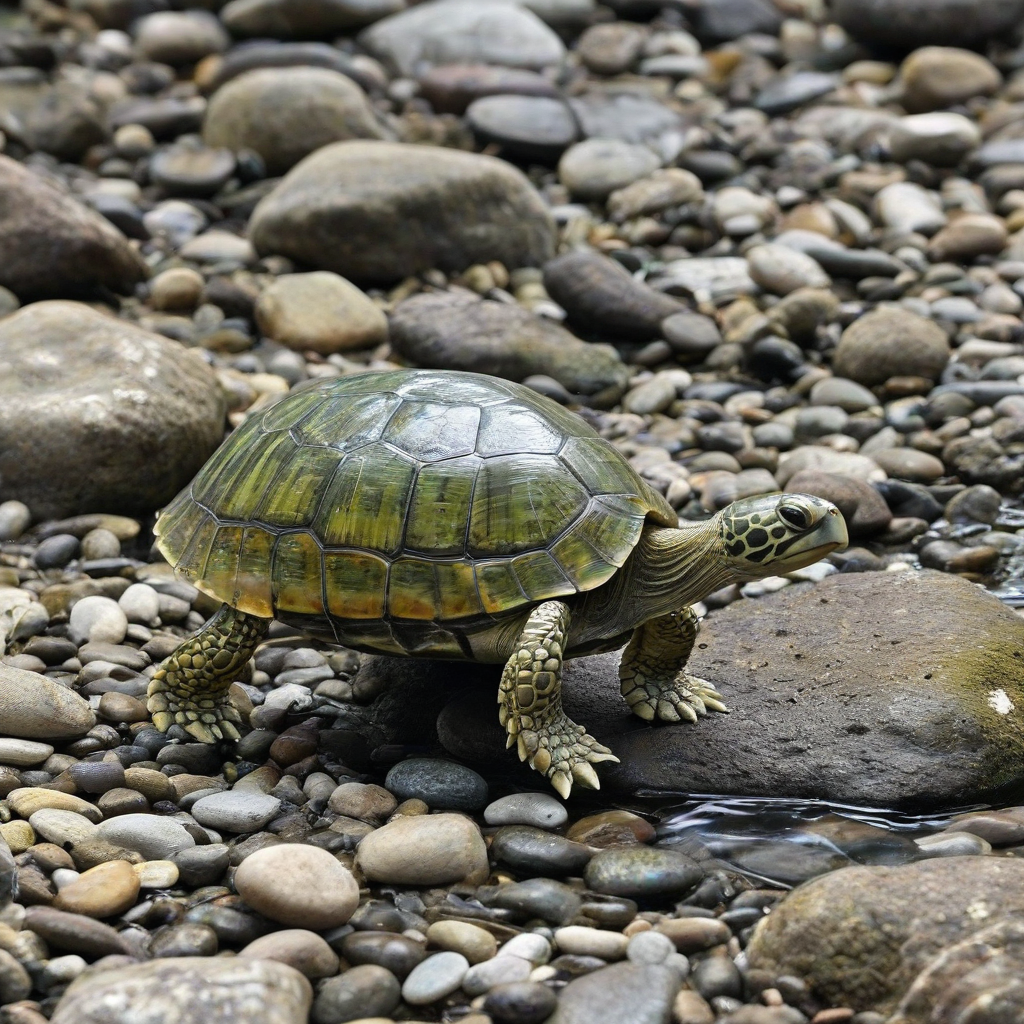 a clear glass turtle walking on some small rocks with a tiny creek nearby