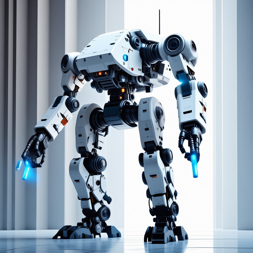 A giant walking bipedal mech with cannons, full-body view, wide shot, feet visible, with a primer white coat, metallic undercoat, and a futuristic design, in a digital art style, with dynamic shadows and a backlight, with the cannons glowing with a bright blue light
