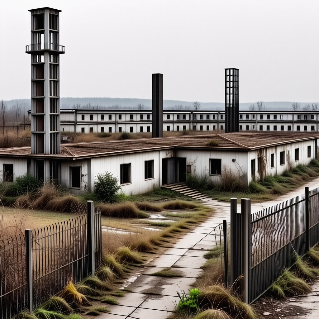 A damaged and abandoned prison compound in a state of disrepair, with tall barbed wire fences, guard towers, and a wide-angle view of the entire complex on a plain white background, with overgrown vegetation, broken windows, and a sense of decay and neglect, in a digital art style with more vibrant, yet muted colors and dramatic lighting with slightly brighter tones
