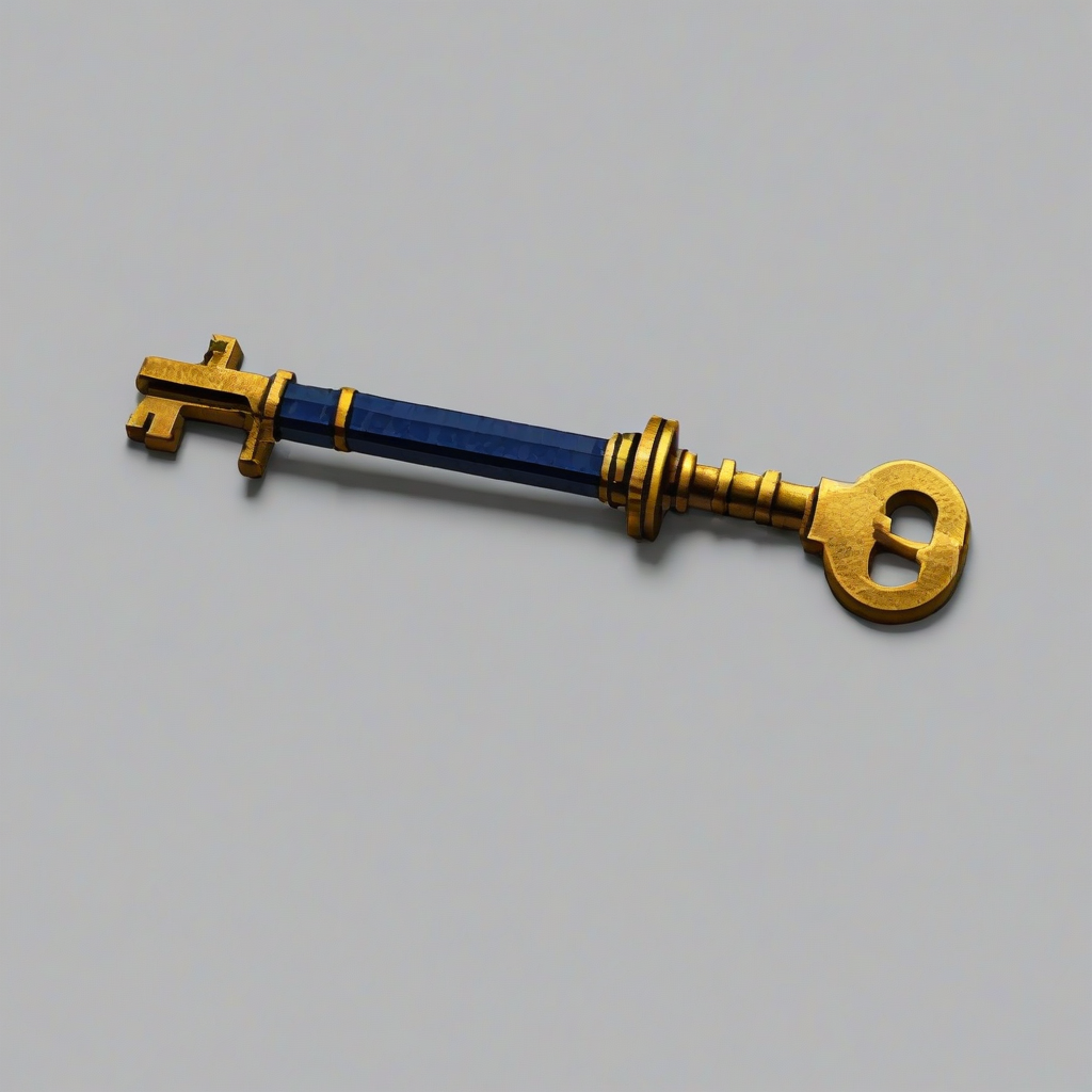 A single, old, rusty key, on a plain white background, in a full-body view, with a Navy blue and gold color scheme, created in a pixel art style, with a wide shot, and dynamic shadows, on a plain white background, even lighting
