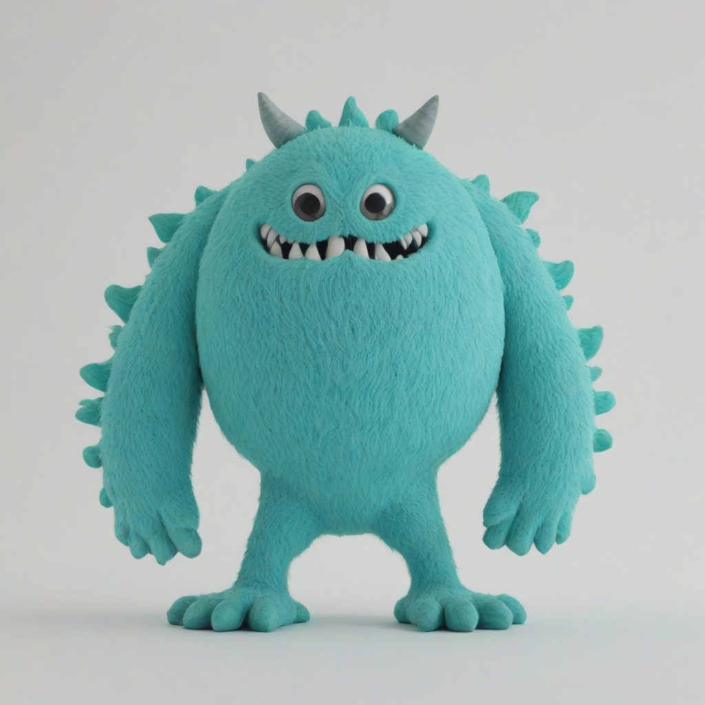 A turquoise monster, full-body view, minimalist style, plain white background, simple shapes and lines, bold turquoise color, no intricate details, no complex textures, wide shot, feet visible