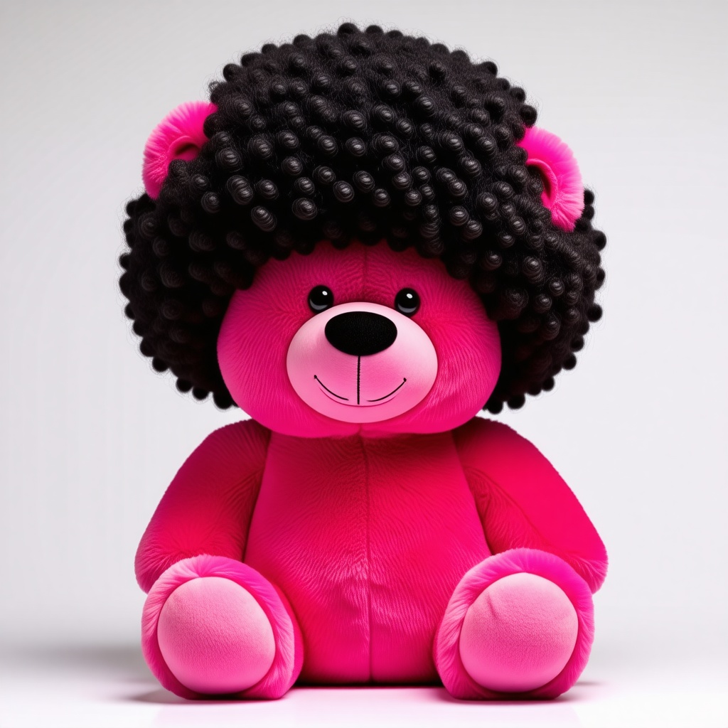 A bright pink teddy bear with a curly black Afro wig and a handlebar moustache