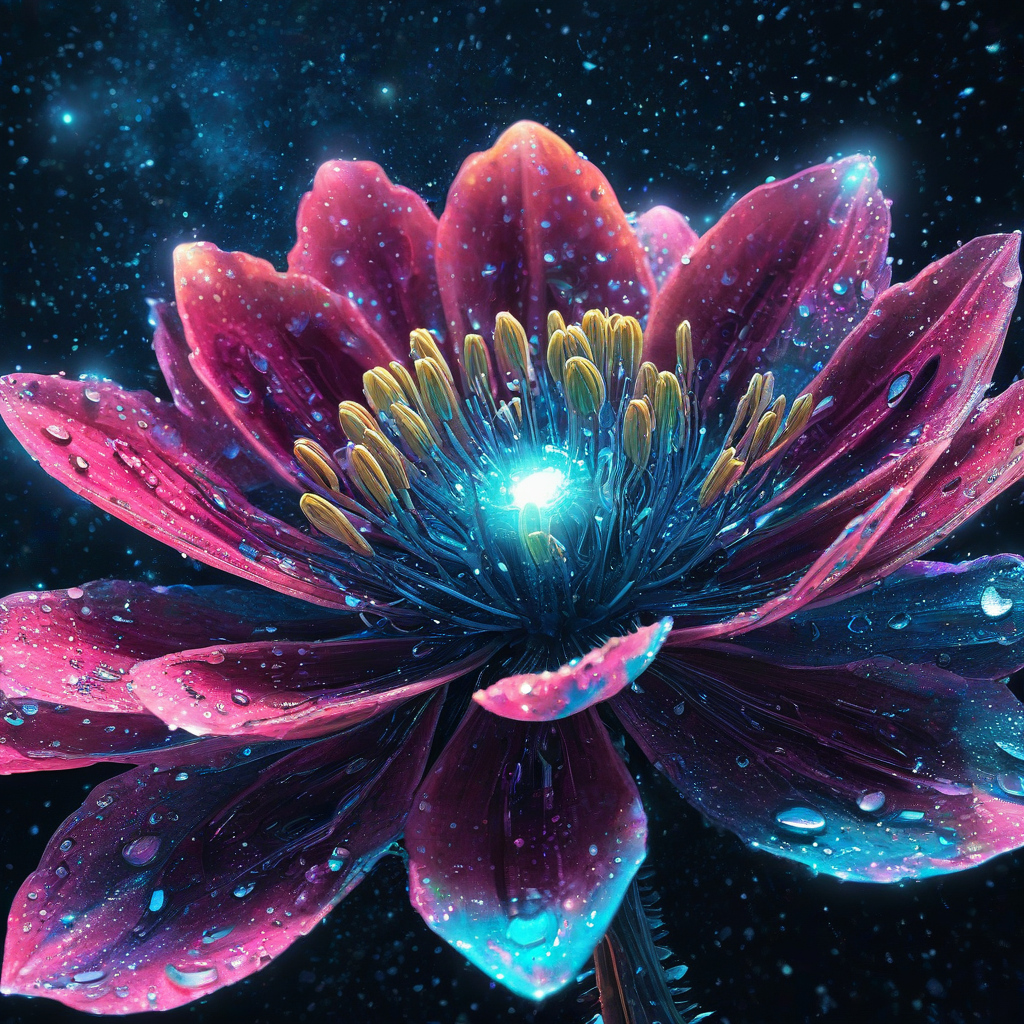 Anime sci-fi flower in space, cosmic petals with dew drops refracting neon light, minor robotic accents