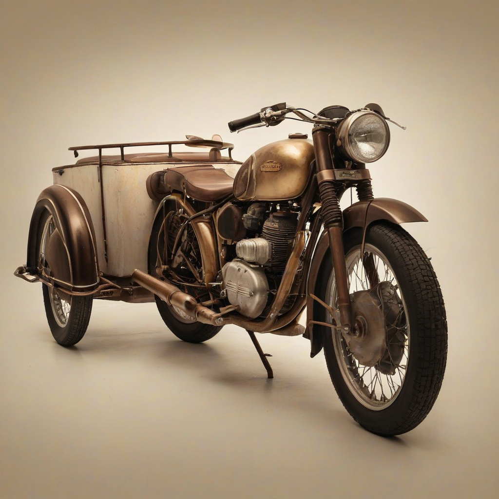 A vintage motorcycle with a sidecar, in a wide shot, with the entire vehicle visible, including the wheels and exhaust pipe, on a plain white background, with a warm, golden lighting, and a slight sepia tone to give it a nostalgic feel, in the style of a classic oil painting, on a plain white background, even lighting 
