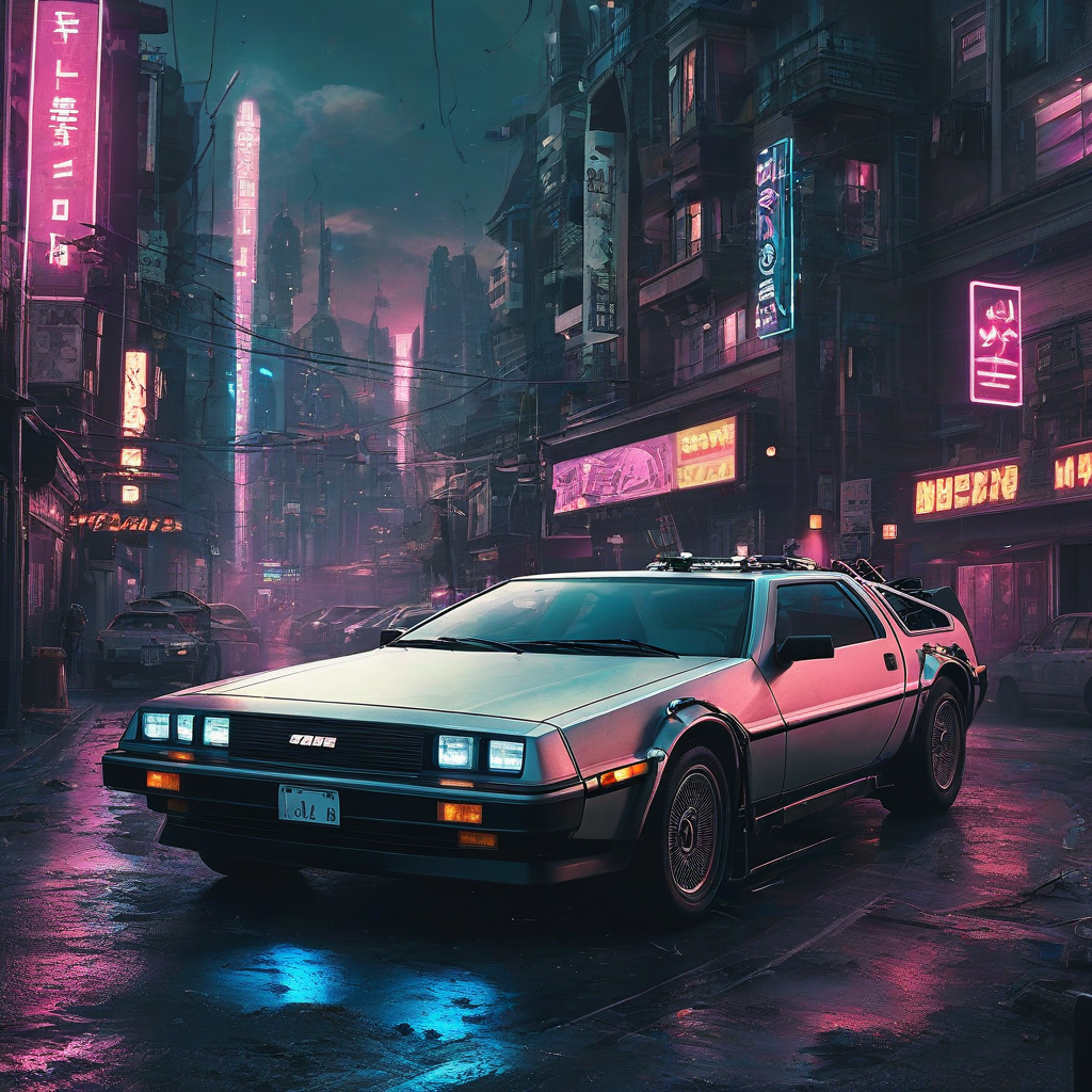 DeLorean time machine in cyberpunk town, digital art style