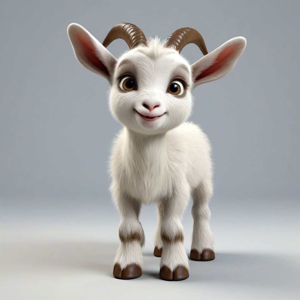 3D cartoon animation of a baby goat, bright and vivid colors, large eyes, short body, horns, round features, tiny nose, tiny feet, cute, happy expression on its face, single animal in image, on a plain white background, even lighting