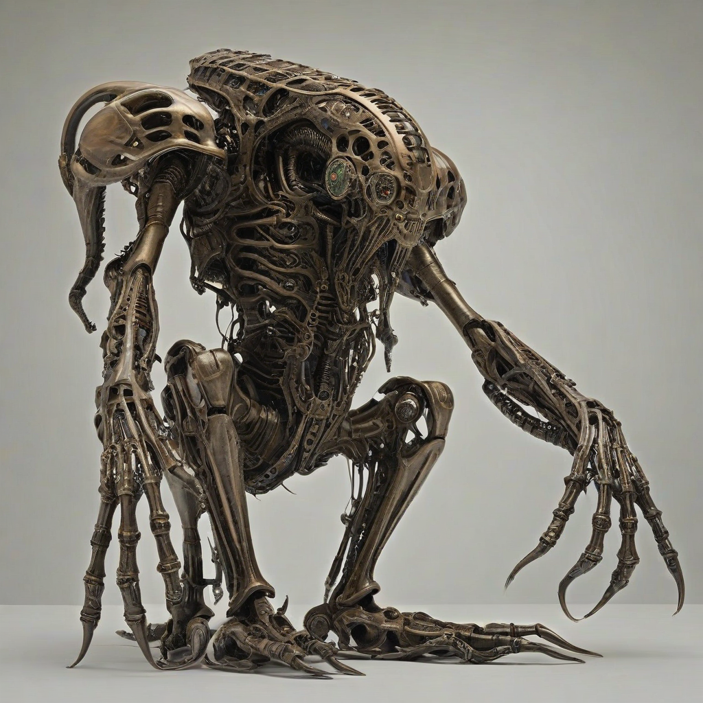 a biomechanical creature, Bronze, Dark Fantasy, with intricate mechanical details and a mix of organic and synthetic body parts, set against a plain white background, in a full-body view with its feet visible, with a sense of ominous foreboding and mystery, in a style reminiscent of H.R. Giger and Zdzisław Beksiński, with a focus on textures and atmospheric lighting, on a plain white background, even lighting