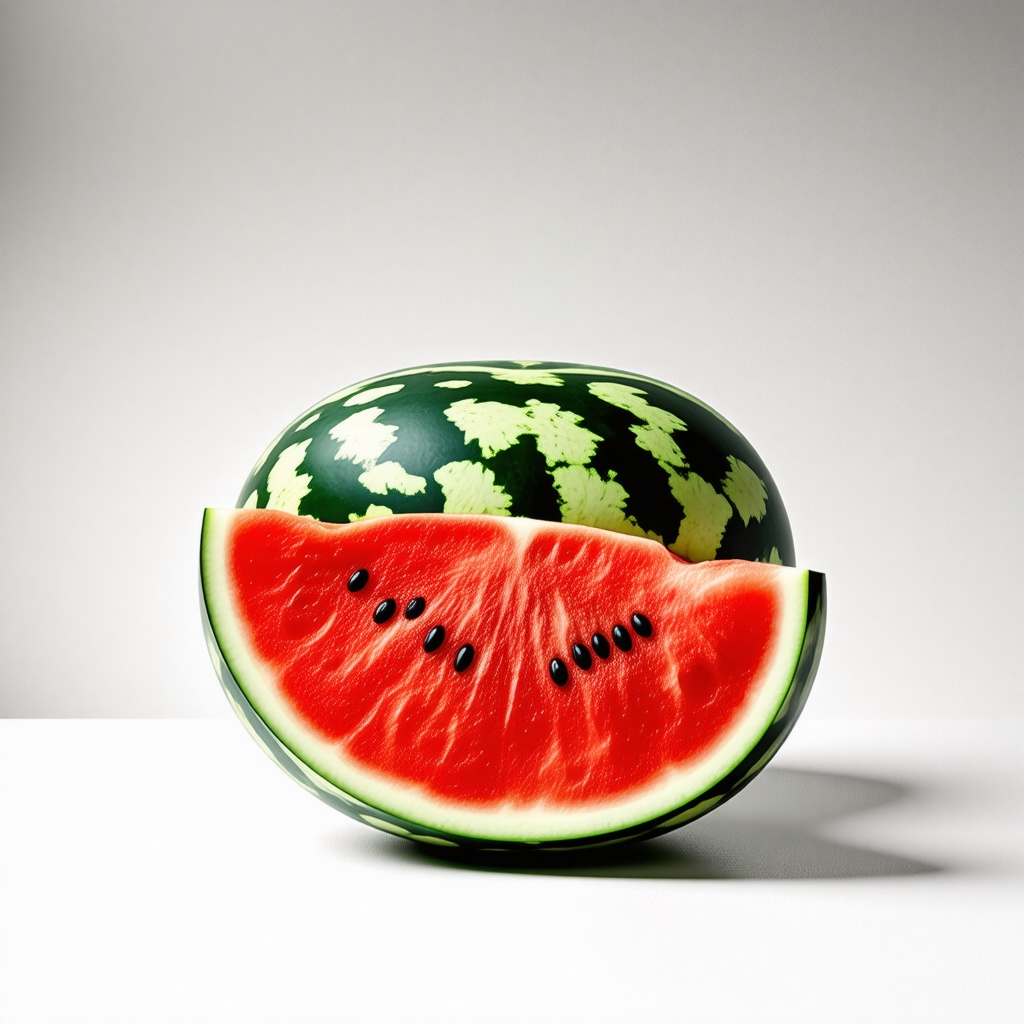 A watermelon cut open to reveal the red fruit inside with the black seeds, sitting on a plain white background, with natural light, and a slight sheen to the fruit, digital illustration style