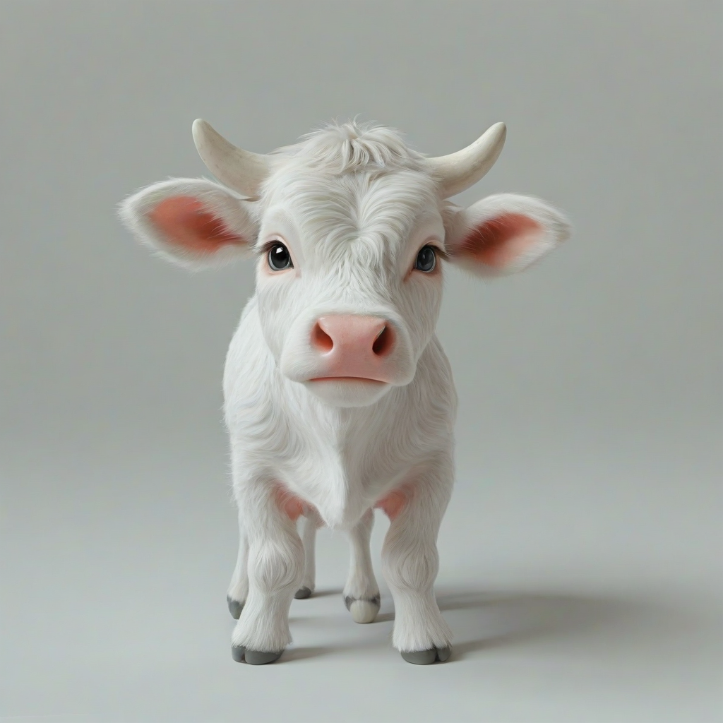 3d hand-drawn, single baby cow, on a plain white background, even lighting, pastel colors, cute, fluffy, on a plain white background, even lighting