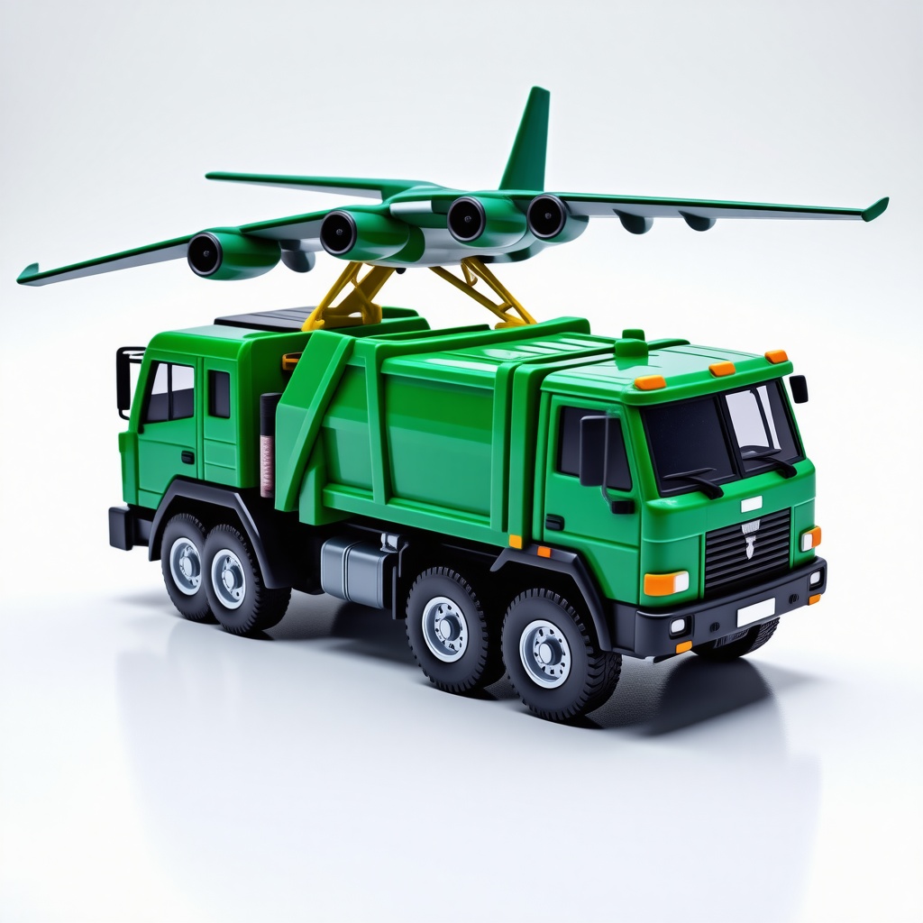 toy green trash truck with front lifting arms and a large airplane wingspan attached to the top