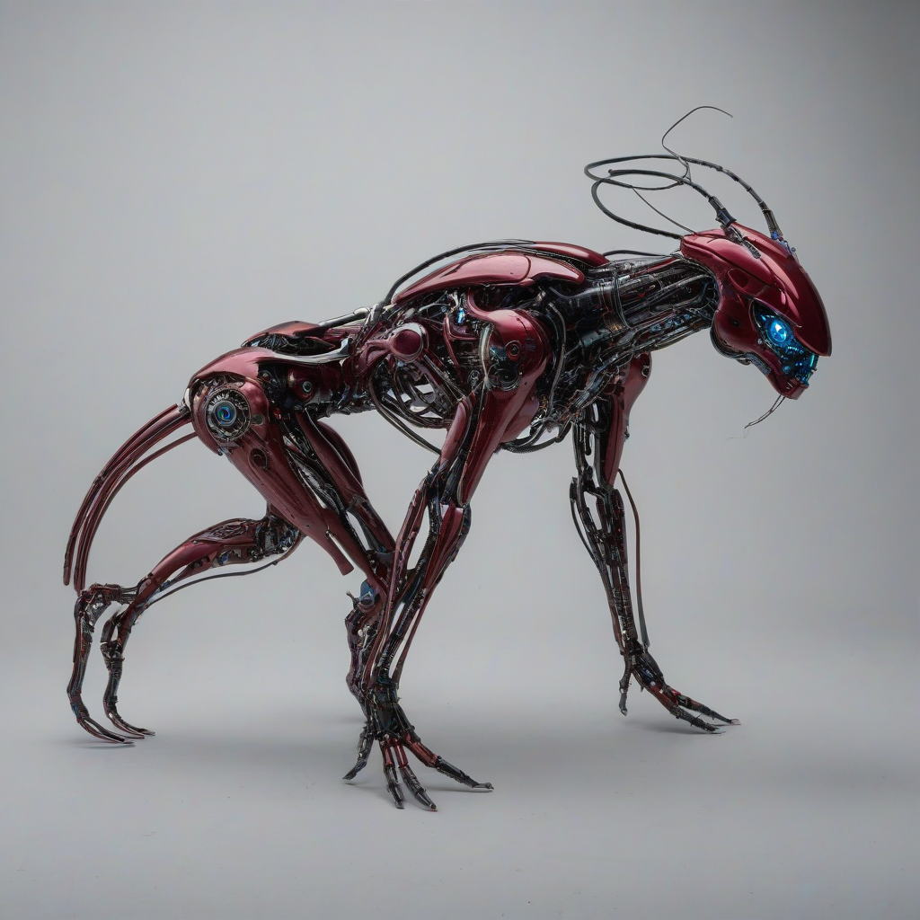 a biomechanical creature, Ruby, full-body view, with metallic limbs, neon red accents, and glowing blue circuits, set against a plain white background, in a wide shot, with a dark and gritty cyberpunk aesthetic, and a sense of dynamic movement, as if Ruby is about to spring into action
