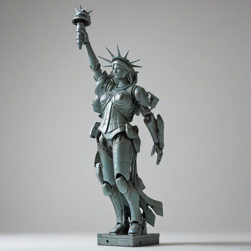 Staute of Liberty, mecha style, on a plain white background, even lighting 