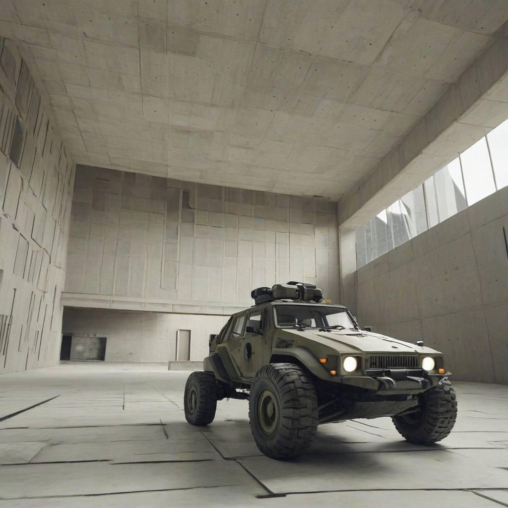 A khaki colored rover in a brutalist architectural environment, with a wide-angle shot, full-body view, and dynamic shadows, set against a plain white background, in a digital art style with a focus on geometric shapes and clean lines, with the rover's details and textures prominently displayed, and a sense of ruggedness and functionality, on a plain white background, even lighting