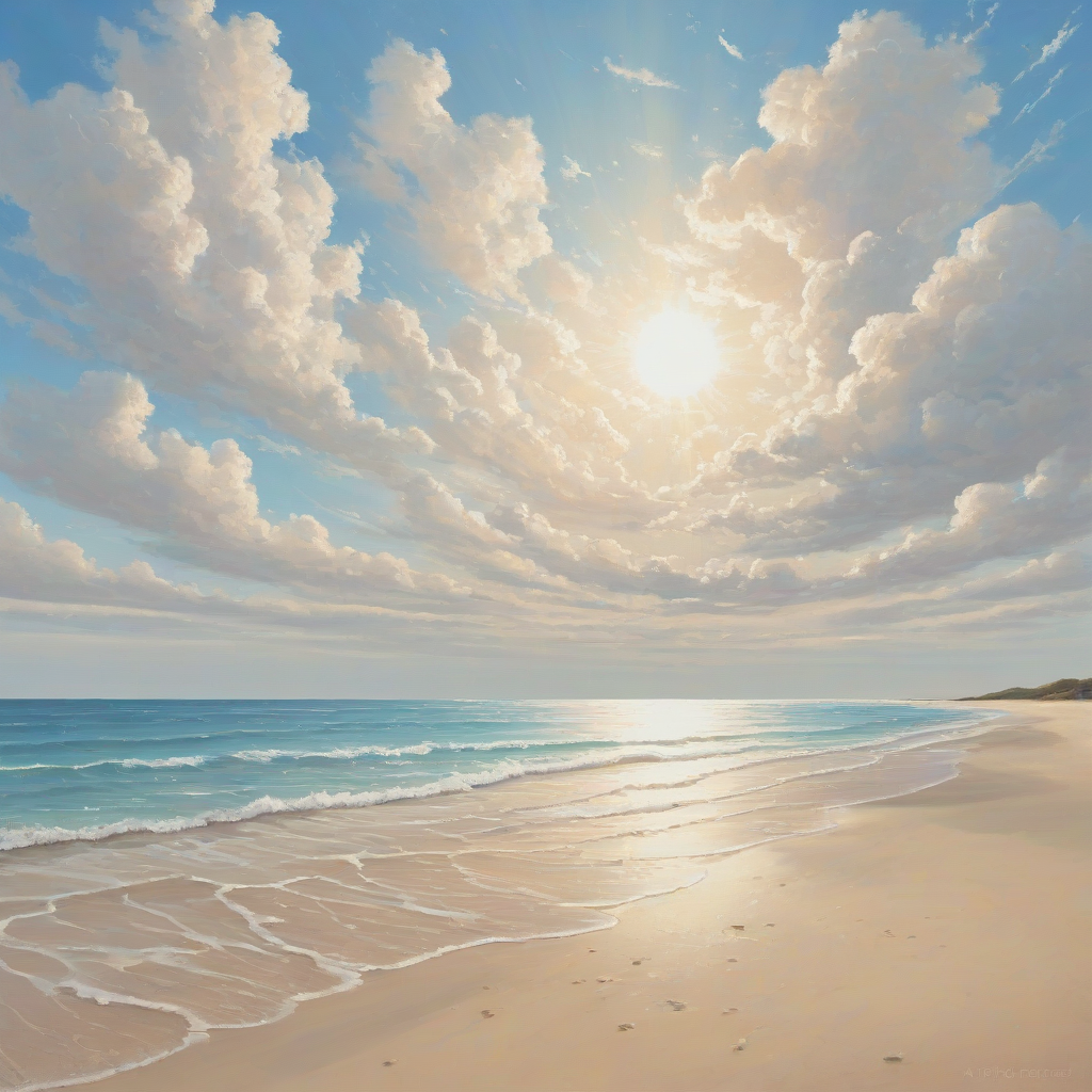 A serene landscape with beautiful blue ocean water, warm sunlight, and a few fluffy white clouds in the sky, with a wide-angle view of the entire scene on a plain white background, in a realistic painting style