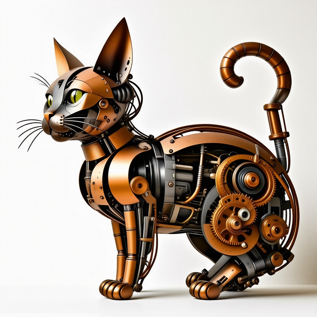 Steampunk mechanical cat made of copper gears, wires, and pipes