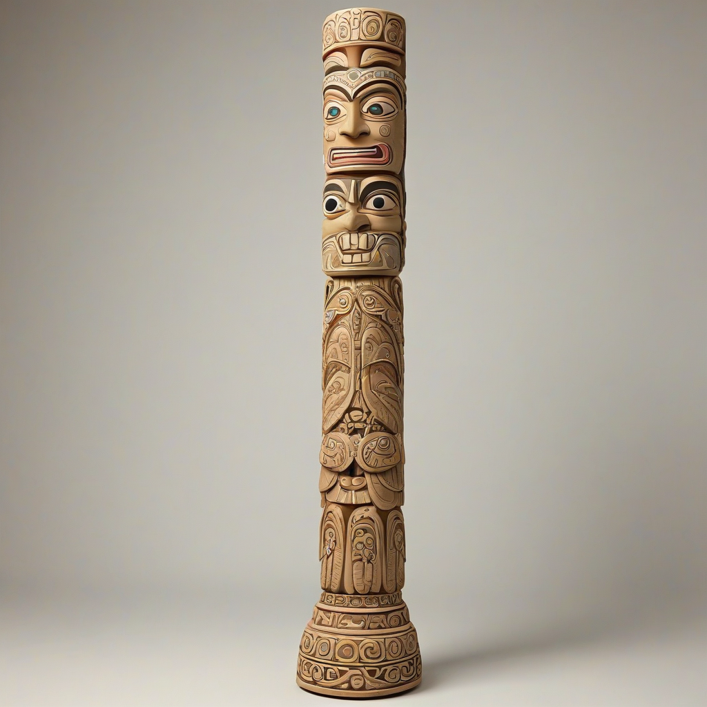 A traditional totem pole, colored in a khaki tone, in an anime style, with intricate carvings and patterns, set against a plain white background, full-body view, with the base and top of the pole visible, in a wide shot, with a soft, warm lighting and subtle shading, digital art style, vibrant and detailed