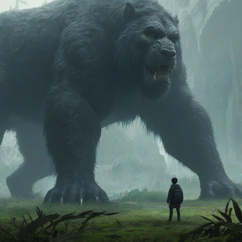 Digital art environmental scene with person and huge beast staring down