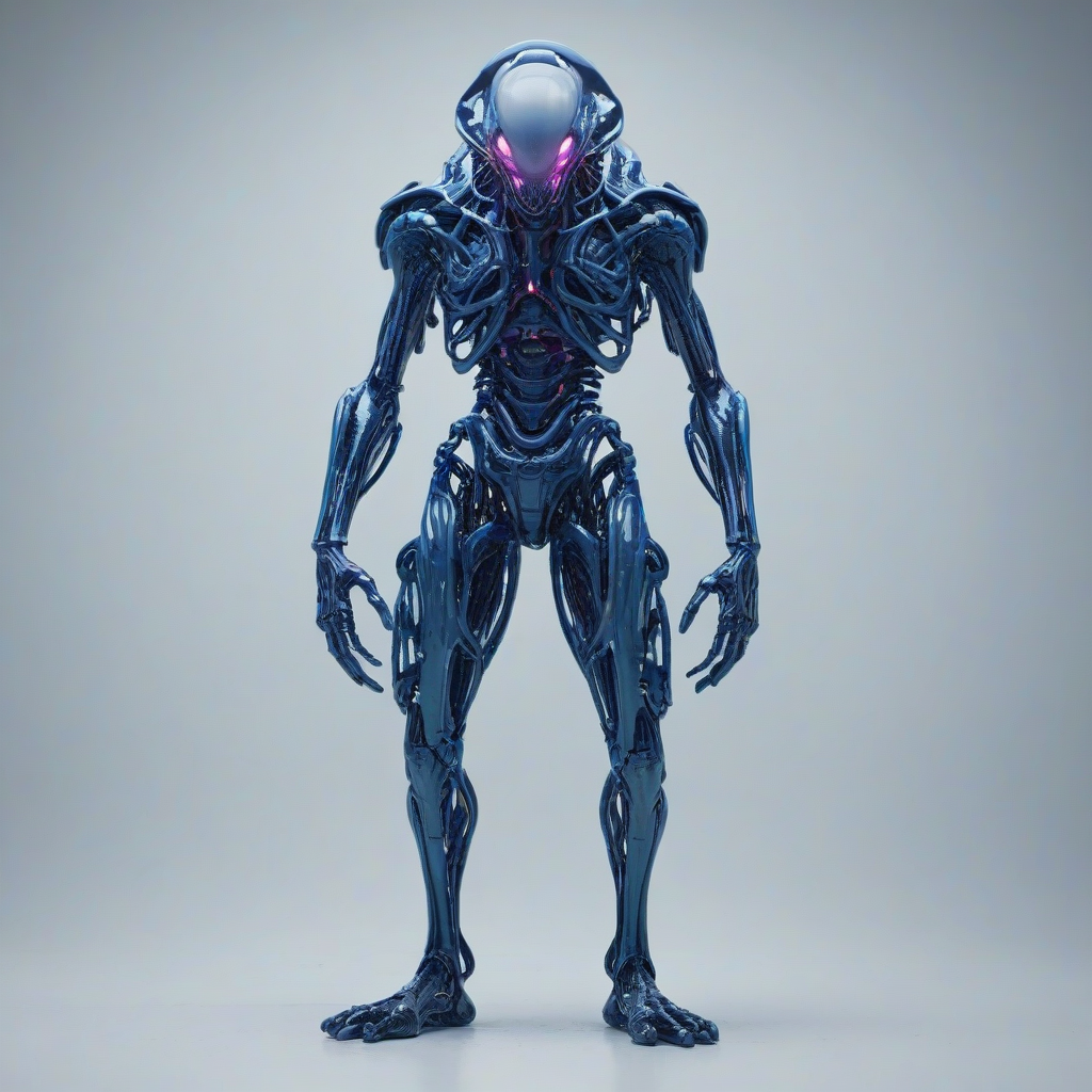 A detailed, full-body view of a futuristic, neon-lit, alien parasite with a Navy blue, metallic exoskeleton, surrounded by a hazy, Vaporwave-inspired atmosphere, with a plain white background, wide shot, and dynamic shadows, in a digital art style, with the parasite's body visible, including its feet, and a subtle, pulsing glow effect, on a plain white background, even lighting