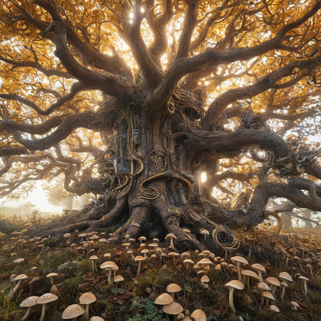 A majestic, enchanted tree with a thick, brown trunk, adorned with vibrant, glowing mushrooms and leaves, set against a plain white background, in a wide shot, with a warm, golden light, and a biopunk aesthetic, featuring intricate, mechanical details and organic elements blended together in harmony, with the tree's roots and branches stretching out in a dynamic, curved shape, full-body view, feet visible, in a digital art style, with bold lines and vibrant colors