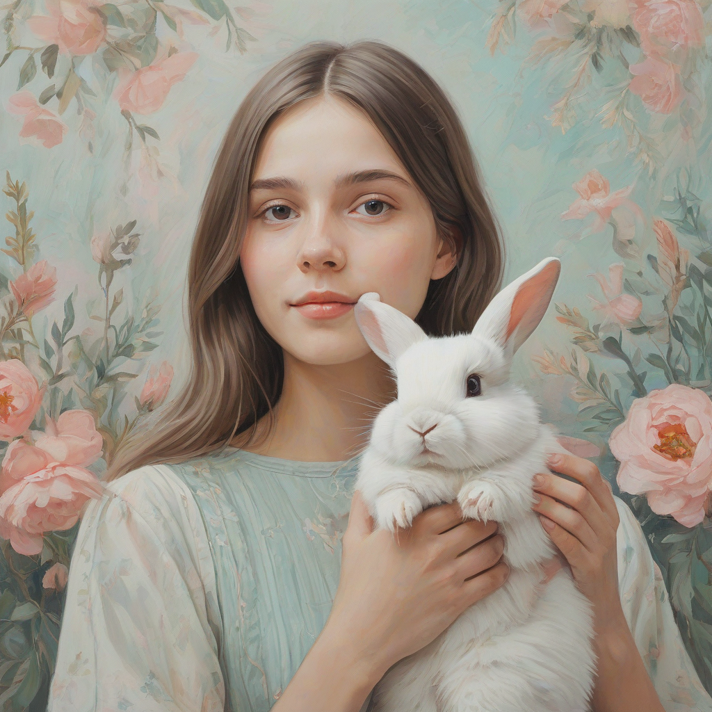 painting of a portrait of a young woman and her pet rabbit, in soft colors, gentle expressions with floral setting. Flat art style