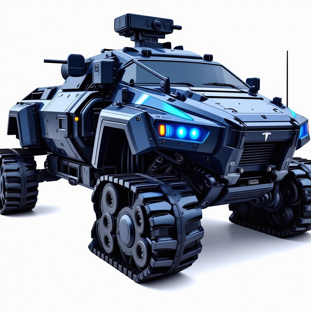 A futuristic combat vehicle with metallic tank treads and a large, dome-shaped tesla coil weapon on top, set against a plain white background, in a wide shot with the vehicle's entire body visible, including its front, sides, and rear, with a dark, muted color scheme and neon blue accents, in a digital art style with sharp lines and detailed textures