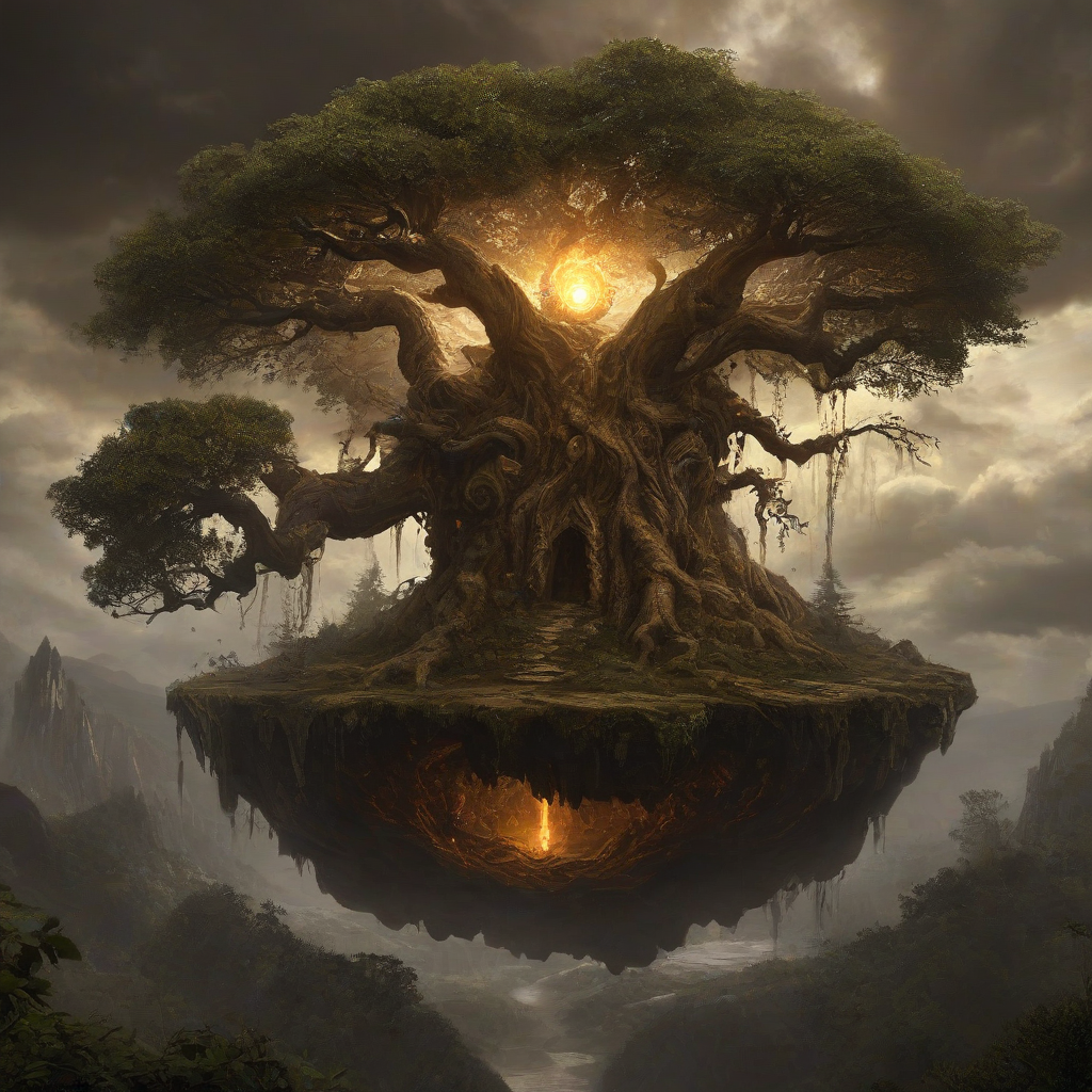 a floating island, Amber, with a dark fantasy theme, mystical aura, and eerie atmosphere, surrounded by a halo of warm, golden light, with twisted, ancient trees and overgrown vegetation, set against a deep, foreboding sky with clouds that seem to swirl in every direction, full-body view, wide shot, with the island's rugged landscape and unique rock formations visible, on a plain white background, on a plain white background, even lighting 