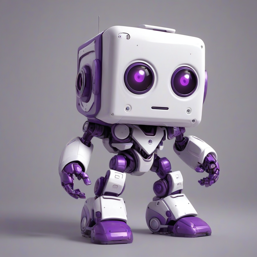 A cute, purple and white video game robot with a stumpy body, big eyes, and a cubic face, standing in a full-body view with its feet visible, on a plain white background, in a comic book art style with bold lines and bright colors, with a wide-angle shot and bright lighting, on a plain white background, even lighting, on a plain white background, on a plain white background, even lighting 