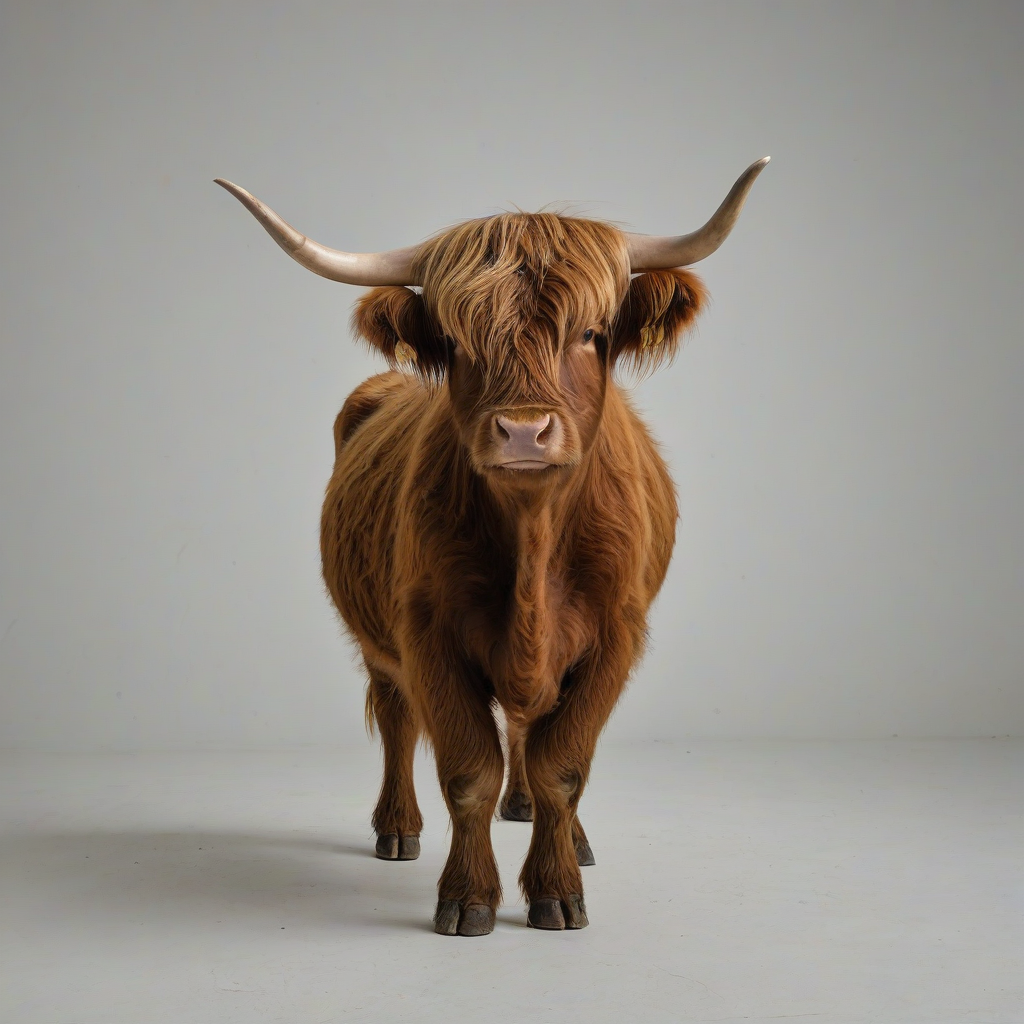 Highland cow, full body visible, wide angle shot, on a plain white background, even lighting