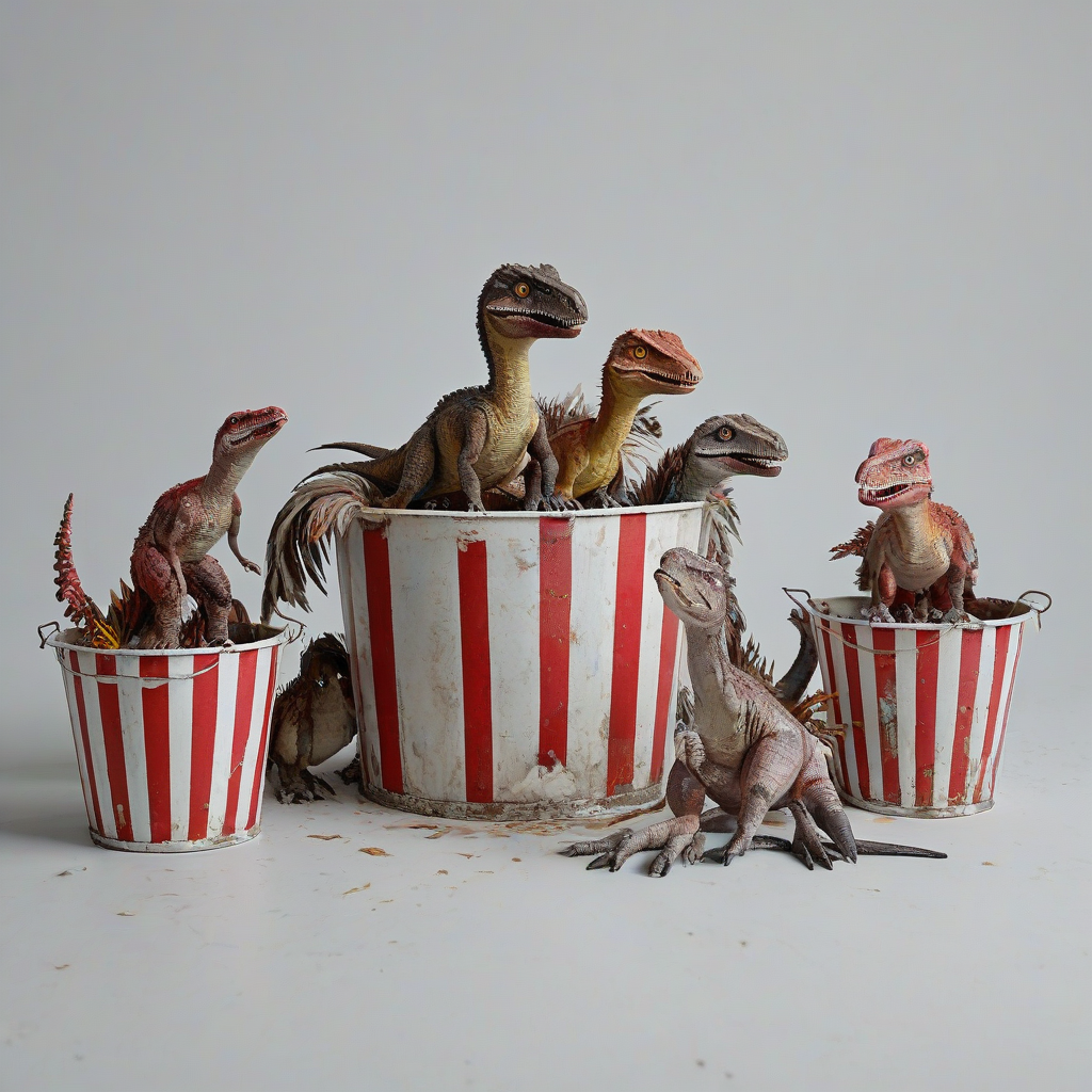 A worn, rusty paper bucket with vertical red and white stripes, containing a group of velociraptor dinosaurs with vibrant, colorful feathers, sitting inside it, in a misty Jurassic environment, on a plain white background