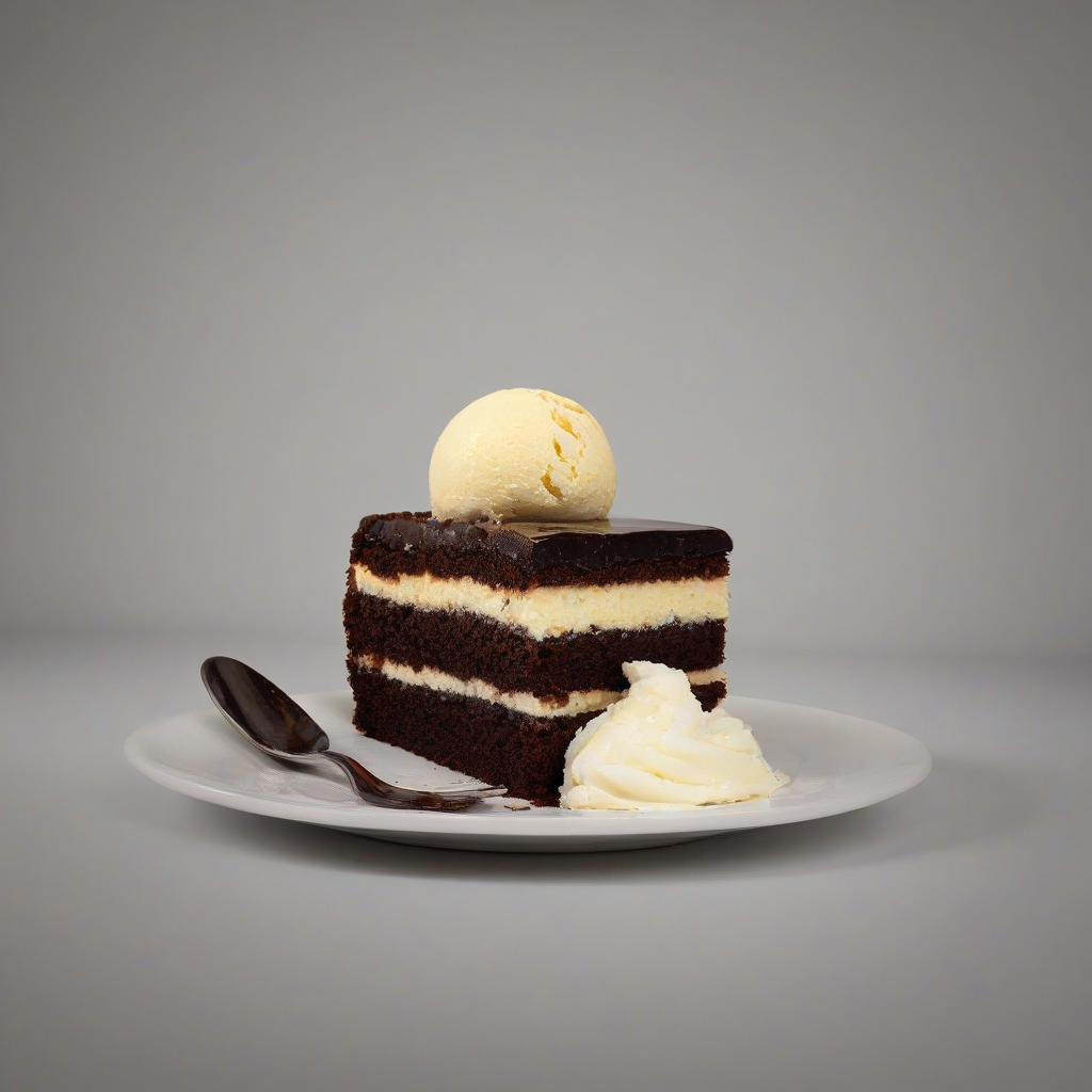 A single, decadent chocolate cake with a wide shot, full-body view, on a plain white background, with a golden-brown crust, and a scoop of vanilla ice cream on top, under soft, warm lighting, in a realistic photography style, on a plain white background, even lighting 