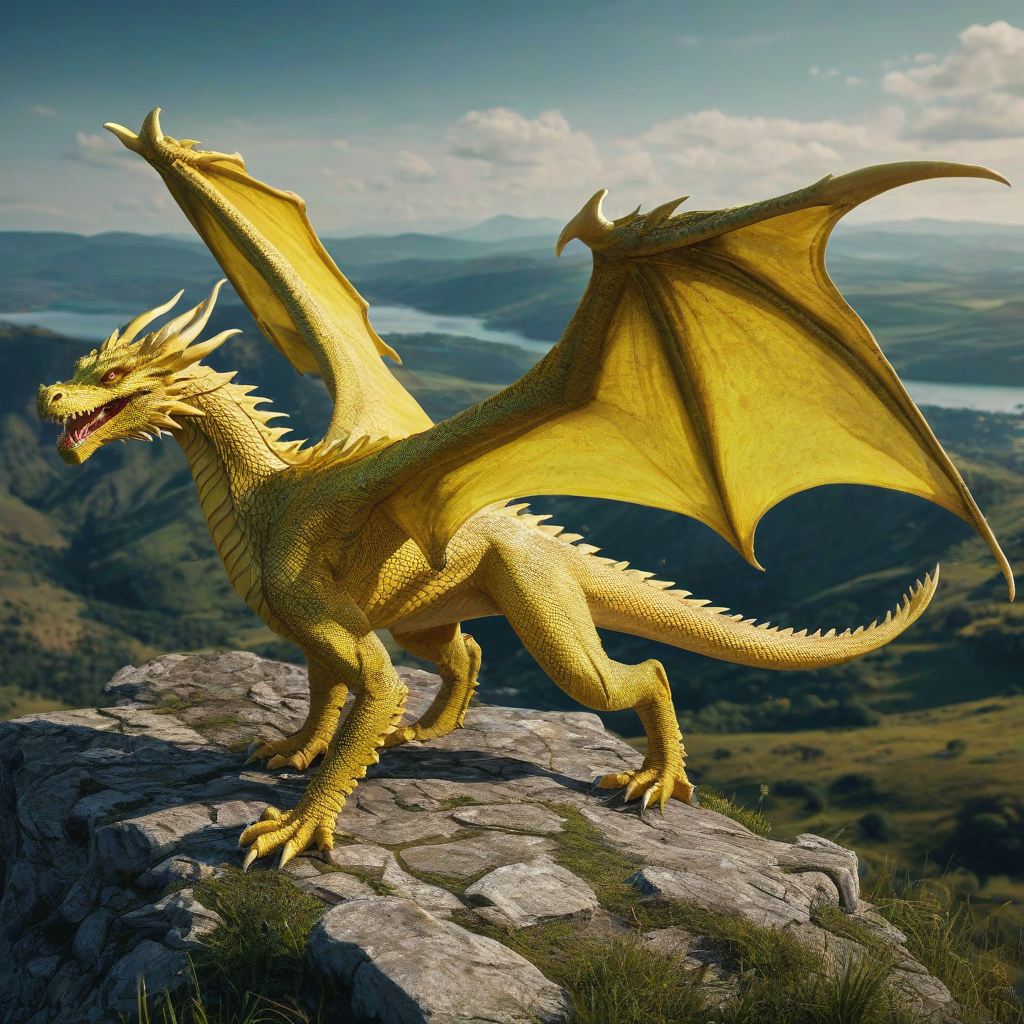 Cinematic realism of a bright yellow dragon with scales that shimmer like gold, standing in a full-body view with its feet visible, standing on a grassy cliff, with a beautiful view behind it, in a digital art style with bold lines and vibrant colors, with a wide-angle shot and dynamic shadows
