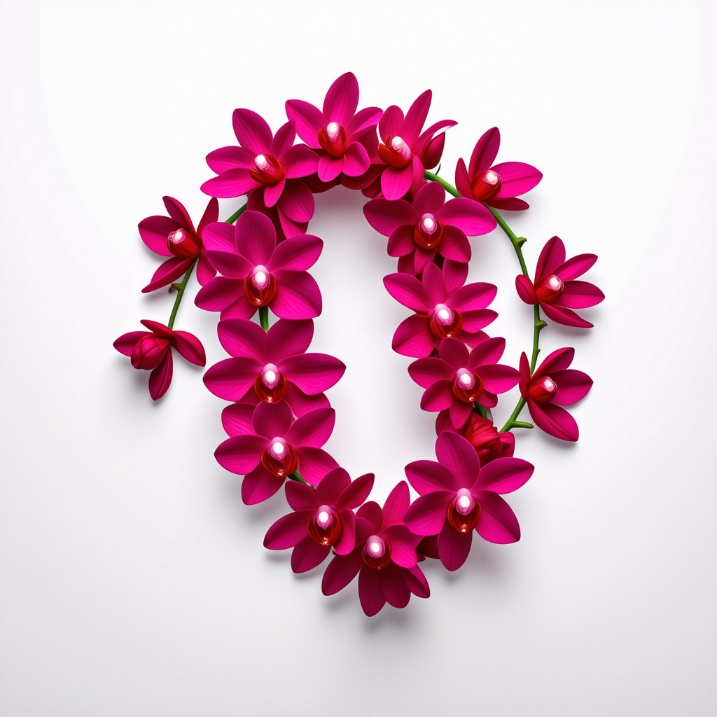 A full-body view of a fuchsia Hawaiian lei on a plain white background, with a wide-angle shot, made of orchid flowers, in a digital art style with vibrant colors and dynamic shadows, with the lei being the main subject and no other objects or characters in the scene