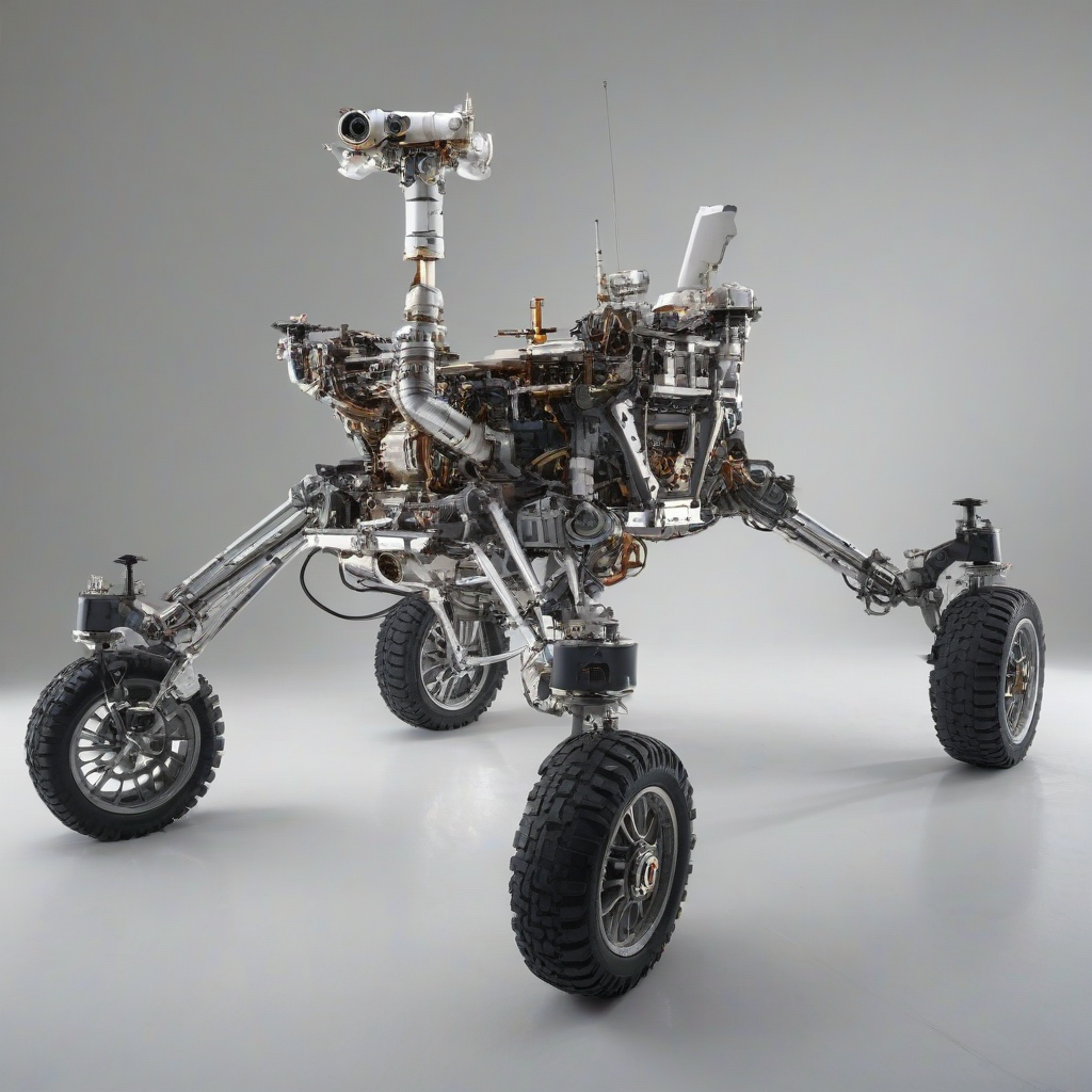 A detailed, realistic, full-body view of a rover, set against a plain white background, with a metallic indigo color scheme, intricate mechanical details, and a sense of dynamic movement, as if it's about to explore a distant planet, captured in a wide-angle shot with the rover's wheels and antennae fully visible, under a soft, natural light with subtle shadows to enhance the texture and depth of the indigo metallic surface, on a plain white background, even lighting 