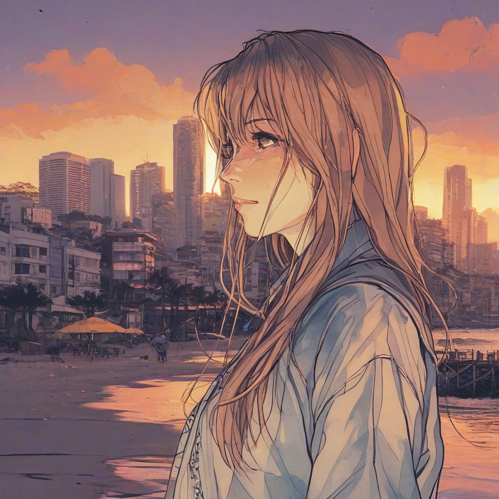 Anime double exposure of cityscape, woman, and beach in sunset lighting, 2d drawn