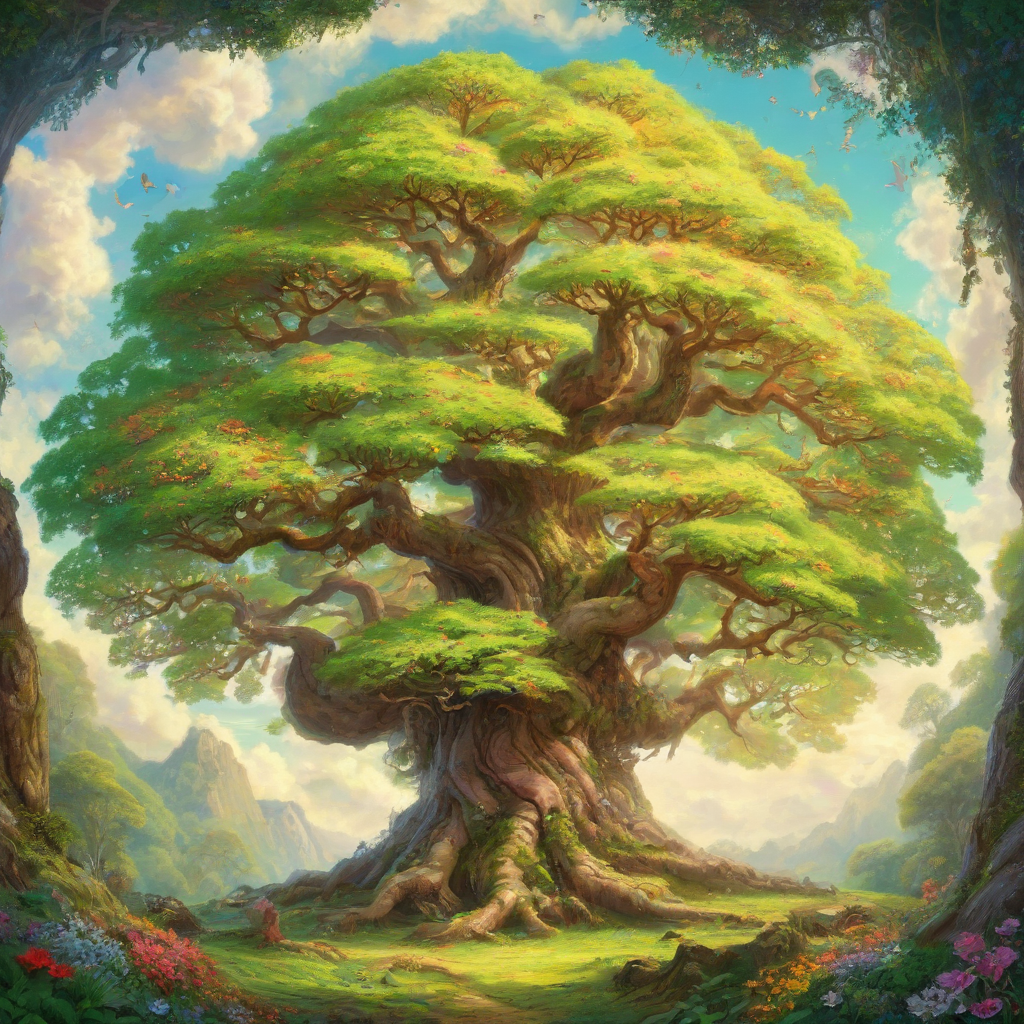 A majestic, ancient tree with glowing, ethereal leaves and twisted, gnarled branches, set amidst a dense, vibrant forest with a carpet of soft, emerald green moss and an array of colorful, exotic flowers, under a warm, sunny sky with a few puffy, white clouds, with the tree's roots and canopy fully visible in the style of a whimsical, fantasy illustration