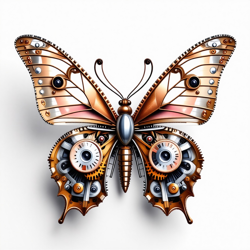 A mechanical butterfly. It's antennas are made of of thinly twisted copper wires, its body is made out of tiny gears, and it's wings are made of silver and rose gold metal with intricately etched patterns in the wings