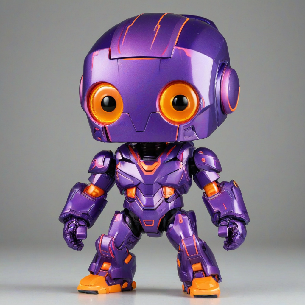 a bright purple mecha suit in a funko pop style with an enlarged head, vibrant colors and bold lines on a plain white background with even lighting
