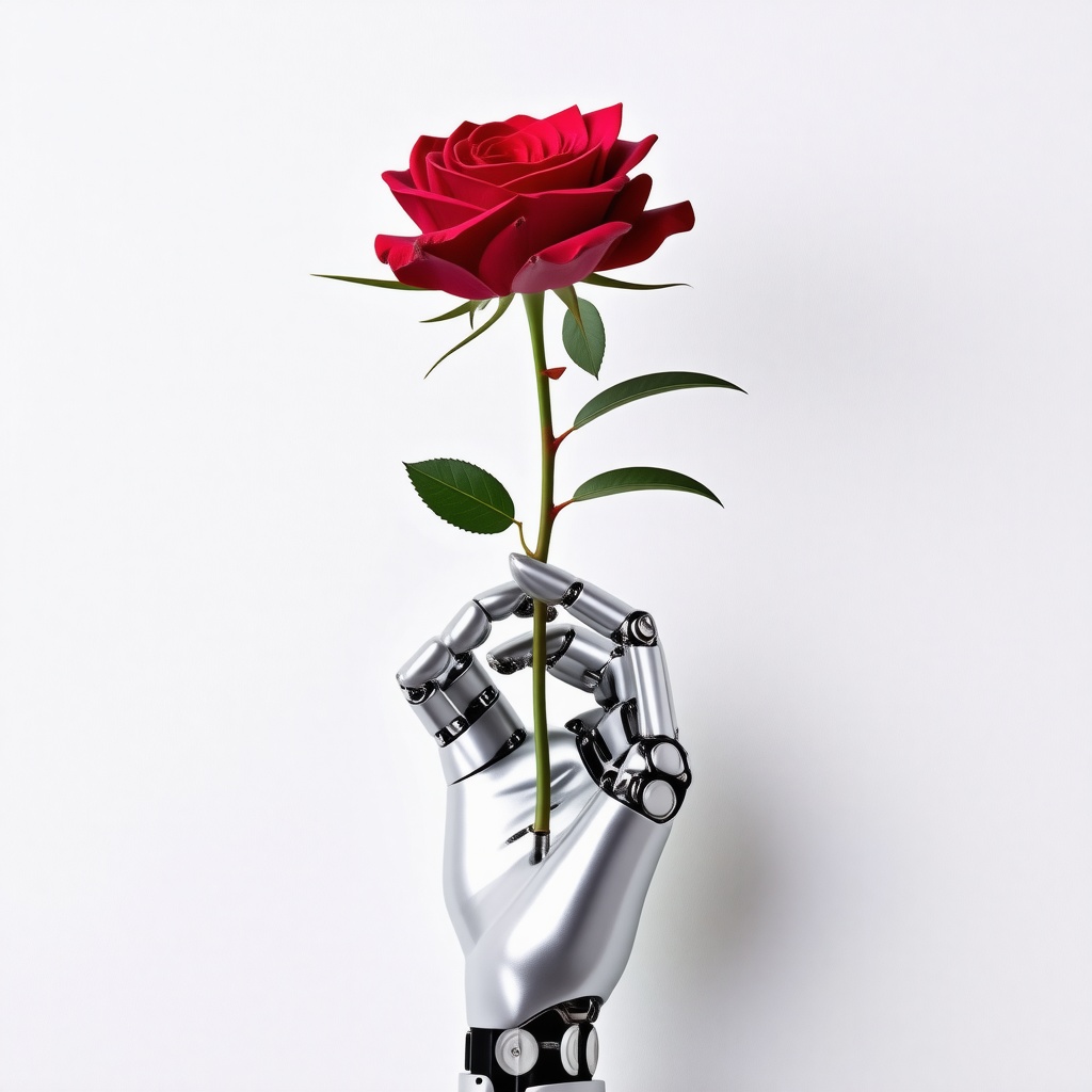 silver mechanical hand holding a red long stem rose between the pointer finger and thumb