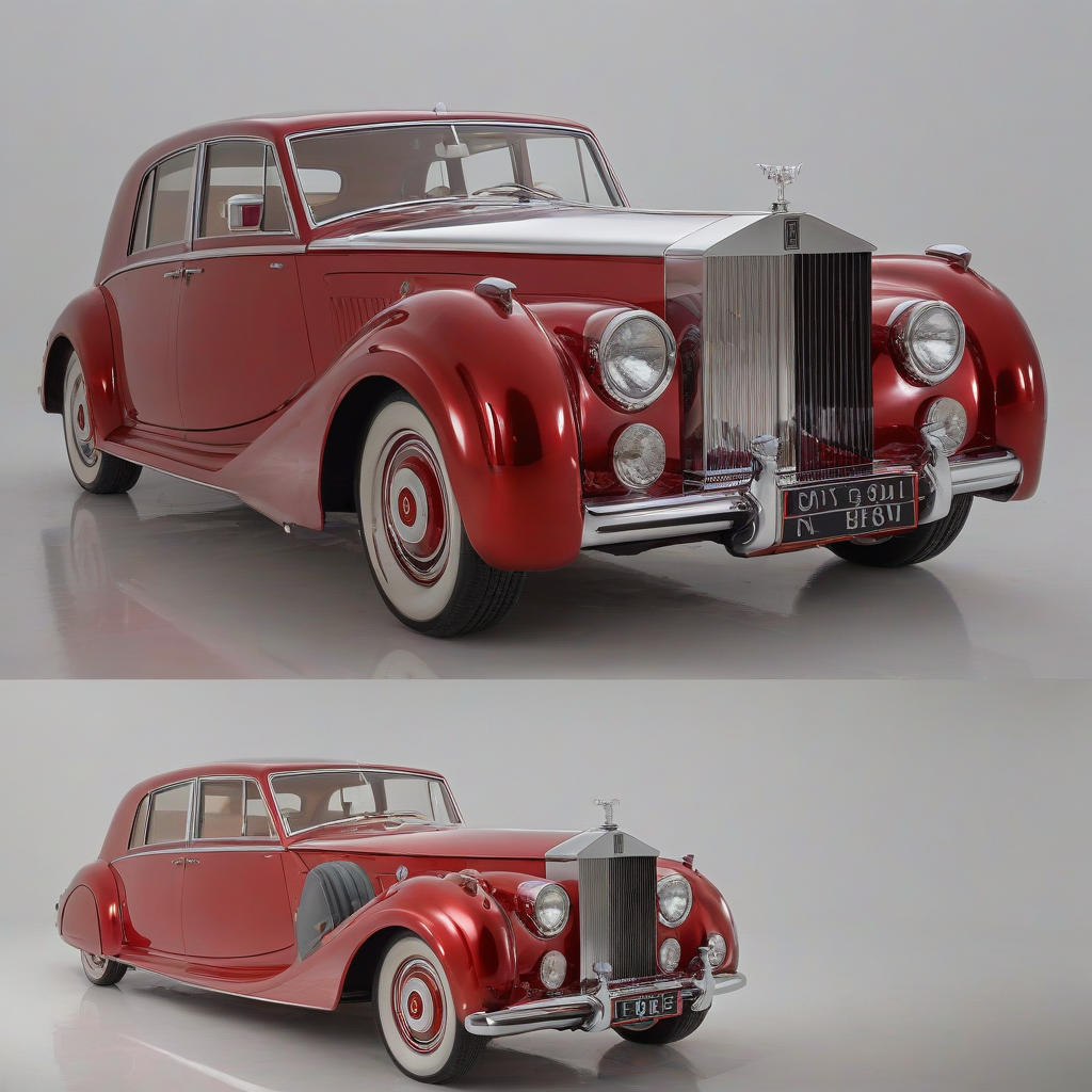 A 1952 red Rolls Royce Phantom with a metallic shine, full-body view, wide shot, on a plain white background, with vibrant red paint, chrome accents, and a sleek, curved design, under soft, natural light, with subtle reflections and a sense of luxury and elegance, on a plain white background, even lighting 