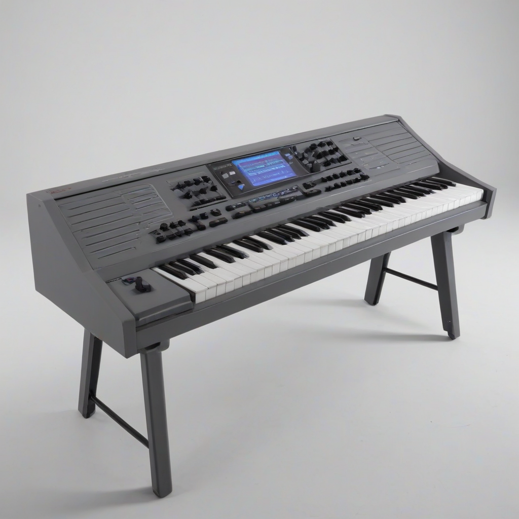 A retro-futuristic synthesizer with a slate grey finish, set against a plain white background, in a wide shot with the instrument's keys and controls fully visible, in the style of synthwave art, with neon accents and a nostalgic vibe, full-body view of the instrument, with the slate grey color being the primary focus, and the synthesizer having a sleek, high-tech design