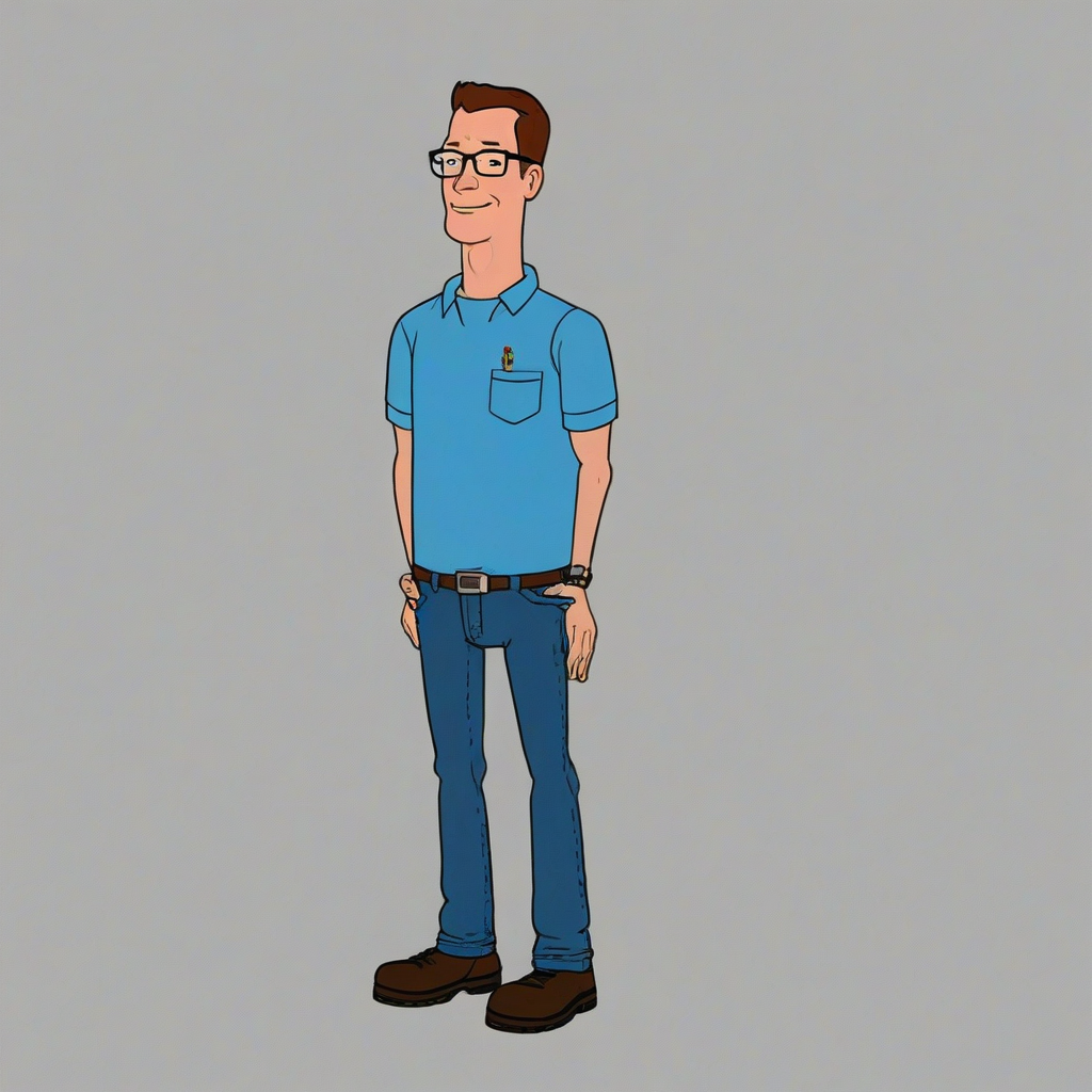 Hank Hill from the cartoon King of the Hill, propane salesman, wearing his signature blue shirt and jeans, standing in front of a white background with a full-body view, with a wide shot, and a friendly smile, in a digital illustration style with bold lines and vibrant colors, on a plain white background, even lighting 